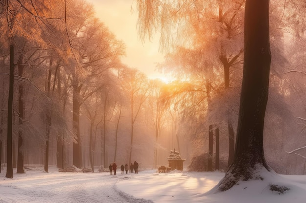 Sonnenuntergang in einem Stadtpark im Winter