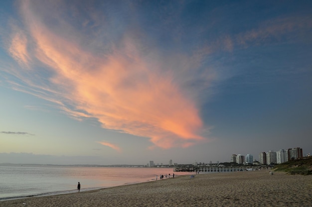 Sonnenuntergang mit rosa Wolken über der Stadt Punta del Este von Playa Mansa