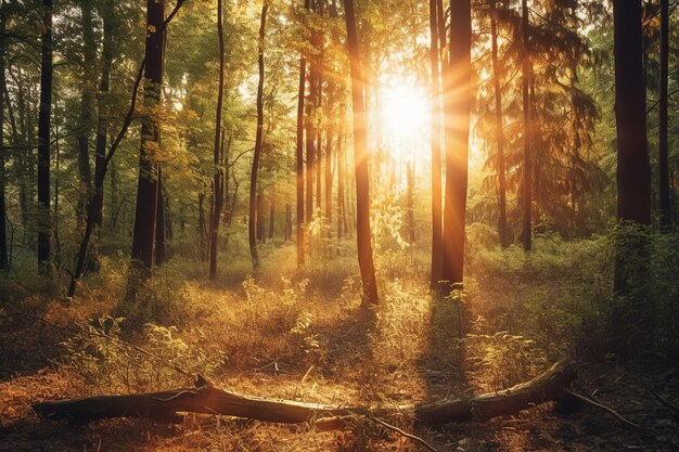 Sonnenuntergang oder Sonnenaufgang im Sommerwald Landschaft mit Sonnenstrahlen am Morgen