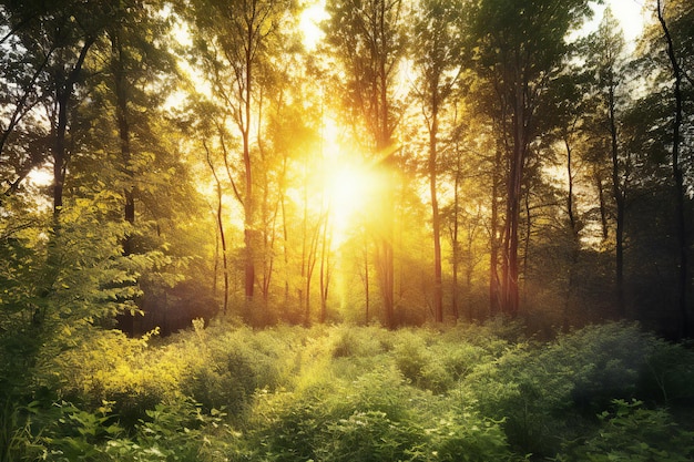 Foto sonnenuntergang oder sonnenaufgang in einem sommerwald mit sonnenstrahlen, die durch die bäume fallen