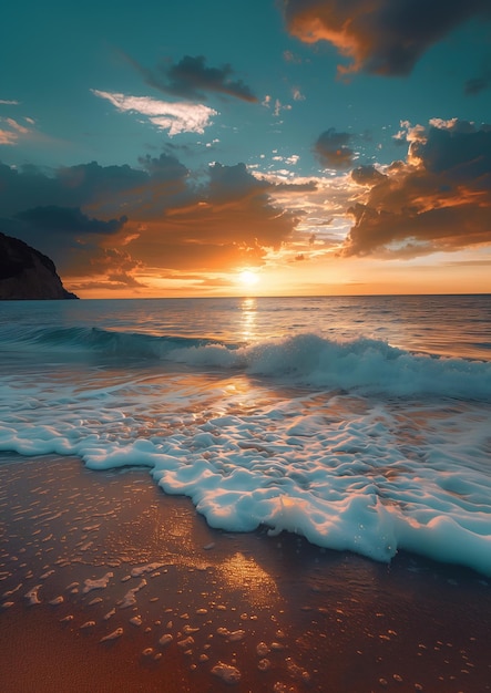 Sonnenuntergang Ozeanwellen zerschlagen Strand Horizont zentriert Körper begraben Sand hellblau Anfang Zeit ruhig