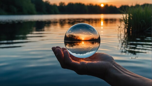 Sonnenuntergang reflektiert in einer Glaskugel