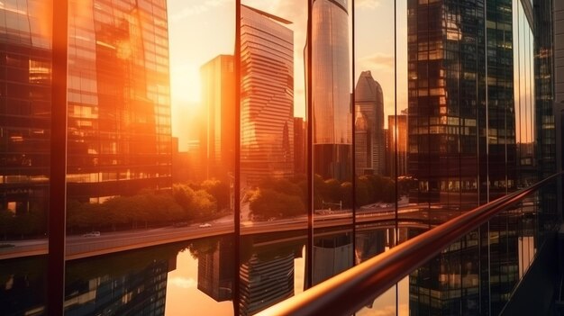 Sonnenuntergang reflektiert sich an den modernen Glasfassaden Harmonische Kombination aus städtischer Architektur