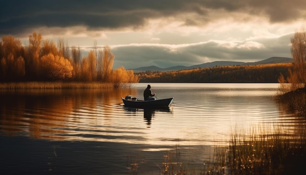 Sonnenuntergang Ruderboot Abenteuer ruhiges Wasser ruhiger Wald und Fischfang Spaß erzeugt von künstlicher Intelligenz