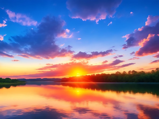 Sonnenuntergang, Sonnenaufgang, Sommerlandschaft, schöne Natur, blauer Himmel, bunte Wolken, Hintergrund, AI generiert