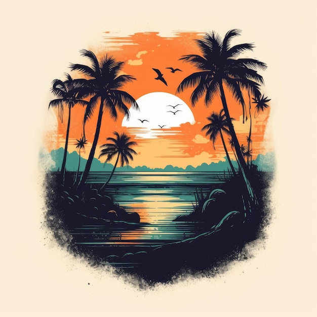 Sonnenuntergang-Strand-Vektorillustration für T-Shirt, gezeichnet in Adobe Illustrator