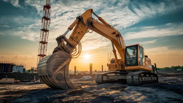 Sonnenuntergang über Bau Exkavator bei der Arbeit Konzept Industrielles Bau Sunset Excavator Arbeit