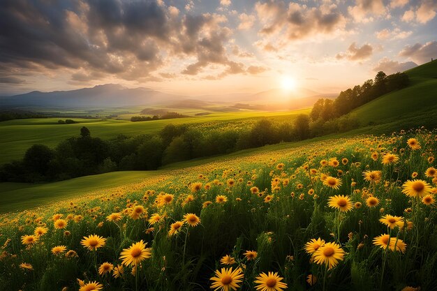 Sonnenuntergang über dem Berg und der Blumenbeet-Ai-Generation