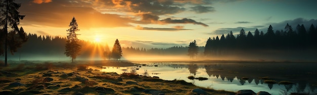 Sonnenuntergang über dem Bergfluss Panoramablick Berglandschaft