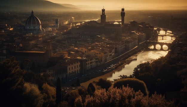 Sonnenuntergang über dem Fluss Arno Sonnenuntergang über der Flussstadt bei Nacht generative KI