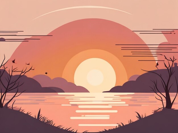 Sonnenuntergang über dem Fluss Schöne Vektorillustration