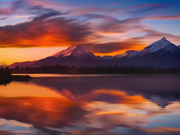 Sonnenuntergang über dem Gebirgszug, reflektiert auf ruhigem Wasser