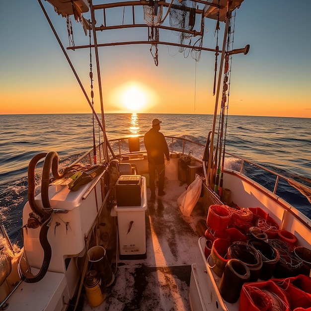 Sonnenuntergang über dem Meer im Boot