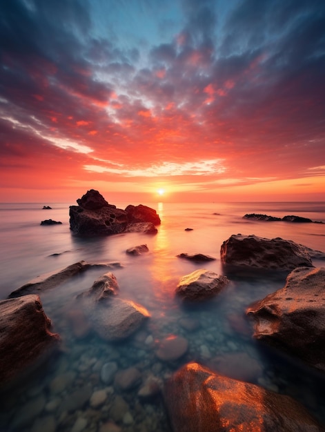 Sonnenuntergang über dem Ozean mit Felsen und Wasser im Vordergrund