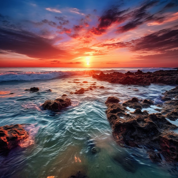 Sonnenuntergang über dem Ozean mit Felsen und Wellen im Vordergrund generative KI