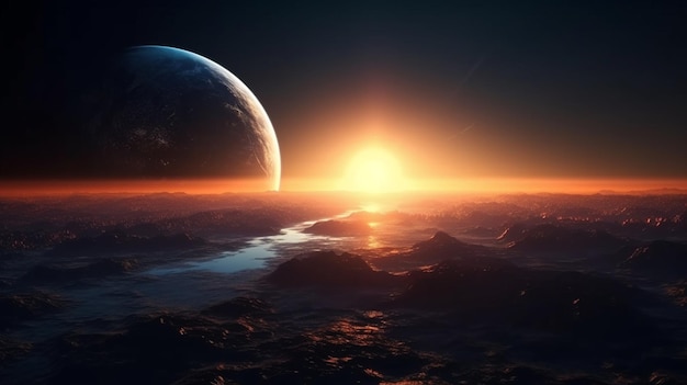 Sonnenuntergang über dem Planeten Erde 3D-Rendering-Elemente dieses Bildes, bereitgestellt von NASAgenerative ai