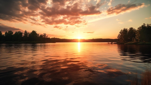 Sonnenuntergang über dem reflektierenden See Ein goldener Filmschuss