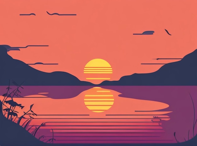 Sonnenuntergang über dem See in der Nacht Vektor-Illustration