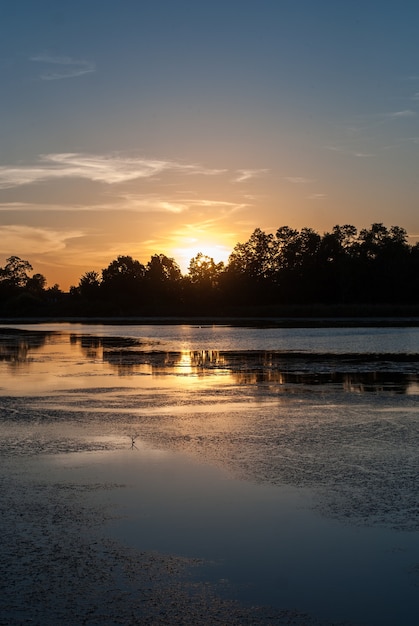 Sonnenuntergang über dem See. Konturen von Bäumen in der Ferne