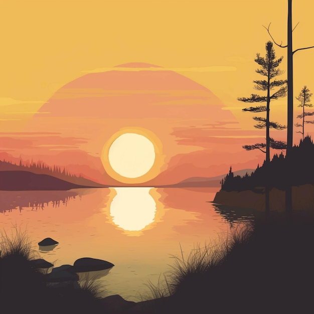 Sonnenuntergang über dem See mit Pinien. Vektorillustration