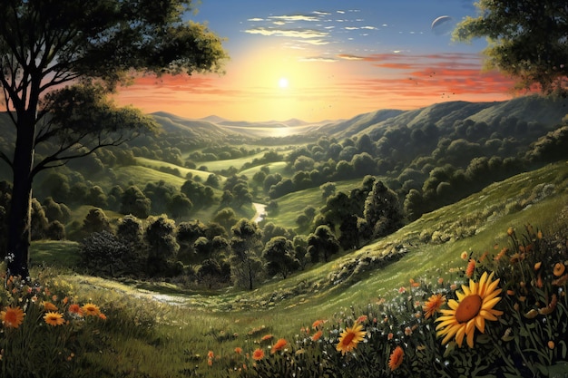 Sonnenuntergang über dem Tal Digitales Gemälde einer Sommerlandschaft