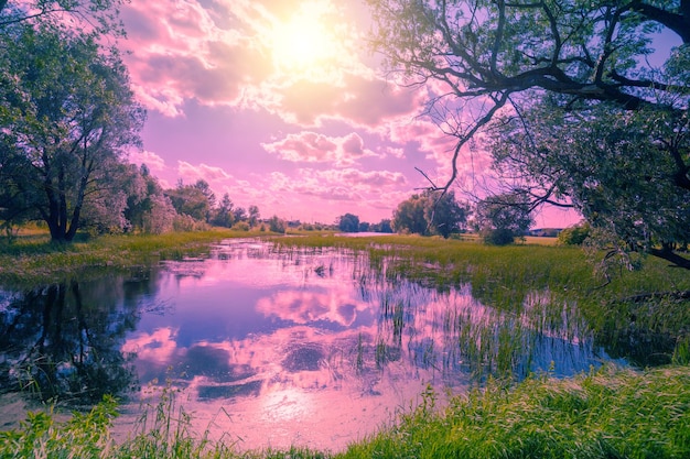 Sonnenuntergang über dem Teich