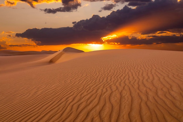 Sonnenuntergang über den Sanddünen in der Wüste Trockene Landschaft der Sahara