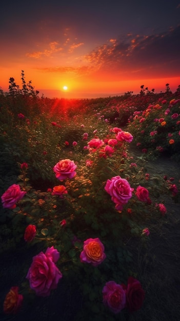 Sonnenuntergang über einem Feld rosa Rosen mit einem dunklen Himmel generative KI