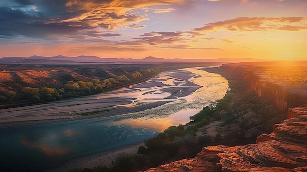 Sonnenuntergang über einem Fluss mit einem Berg in der Ferne generative ai