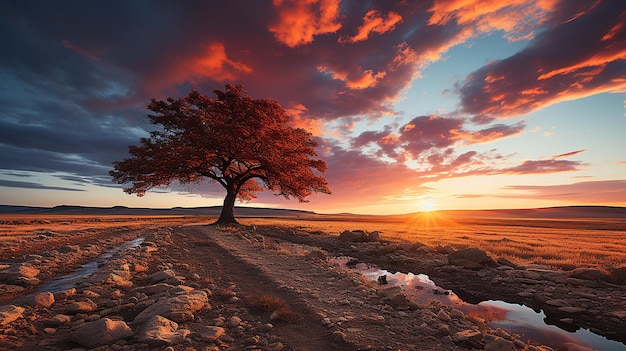 Sonnenuntergang über einem grasbewachsenen Feld im malerischen Stil