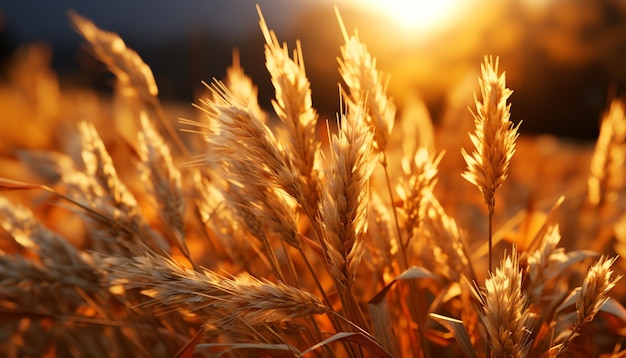 Sonnenuntergang über einem ländlichen Bauernhof mit goldenem Weizen, der zur Ernte reif ist und durch künstliche Intelligenz erzeugt wird