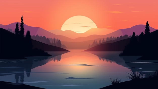 Sonnenuntergang über einem See mit Bergen und Bäumen im Hintergrund