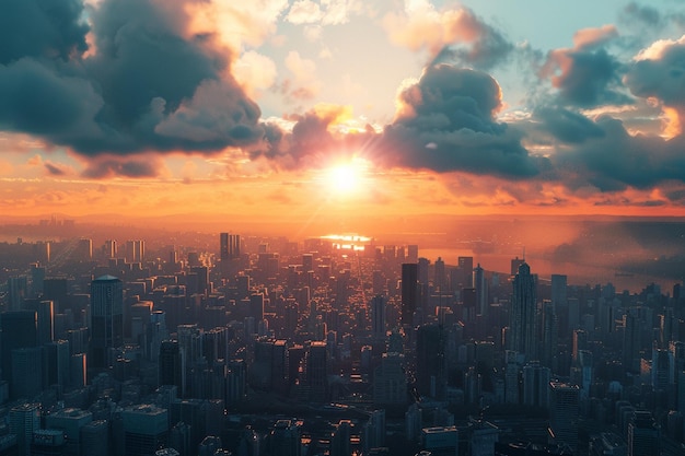 Sonnenuntergang über einem Stadtbild, das futuristisches und antikes verschmilzt