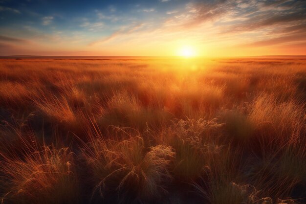 Sonnenuntergang über einem Weizenfeld in der russischen Steppe