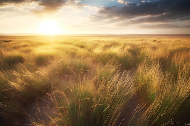 Sonnenuntergang über einem Weizenfeld in der Steppe Kasachstans