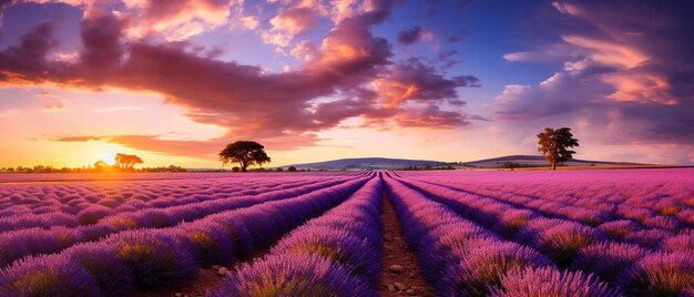 Sonnenuntergang über französischen Lavendelfeldern