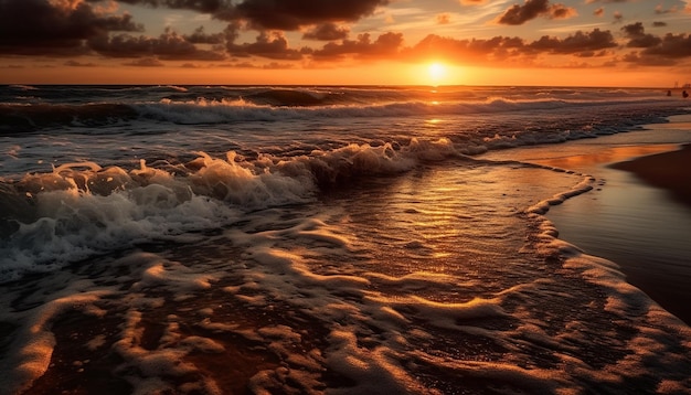 Sonnenuntergang über ruhigen Gewässern, ein tropisches Paradies, das von KI generiert wurde