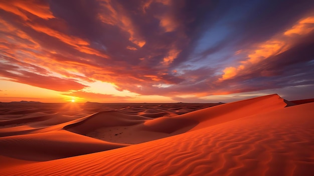 Sonnenuntergang über Sanddünen mit rotem Sonnenuntergang