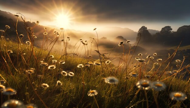 Foto sonnenuntergang über wiesenblumen blühen in der von ki erzeugten natur