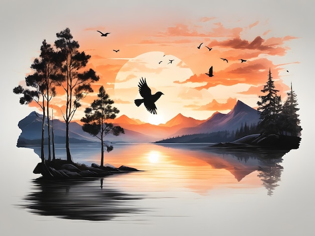 Sonnenuntergang und Silhouetten von Bäumen in den Bergen, Vögel fliegen