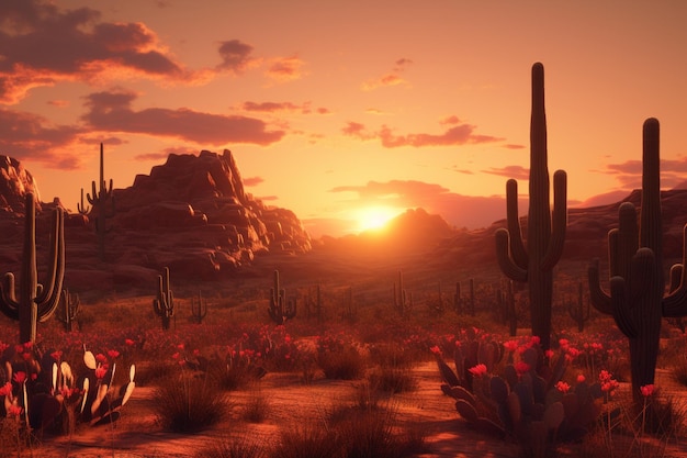 Foto sonnenuntergang wirft warme farbtöne über eine wüstenlandschaft generative ai