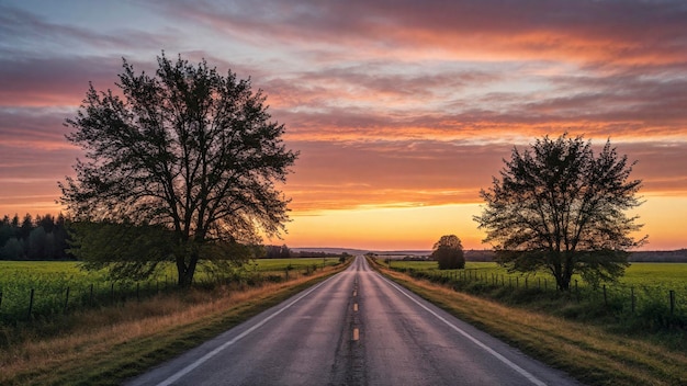 Sonnenuntergang zwischen der Landschaft niemand kein Auto zur fernen Asphaltstraße