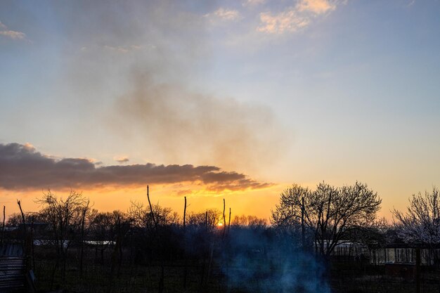 Sonnenunterganghimmel über ländlichen Gärten am Frühlingsabend