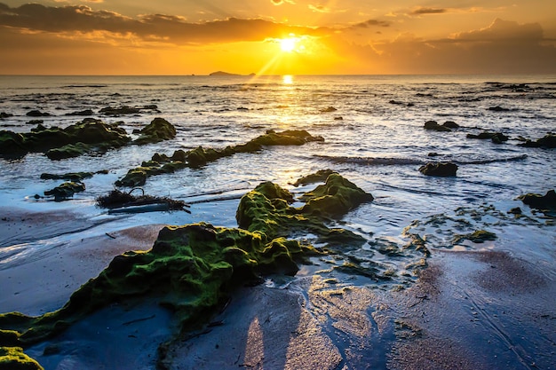 Sonnenunterganglandschaft auf den Strandfelsen im Vordergrund