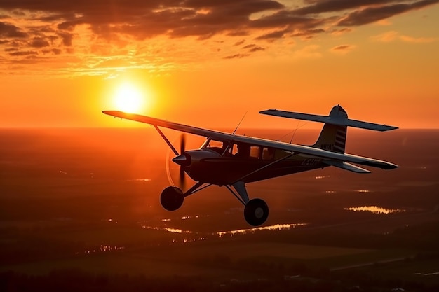 Foto sonnenuntergangsflug eines beliebten leichtflugzeugs