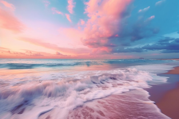 Sonnenuntergangsfoto an einem Strand mit blauen Wellen und rosa Himmel mit Wolken