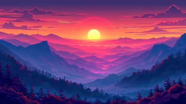Sonnenuntergangshimmel über bergigem Gelände, Hintergrundbanner HD