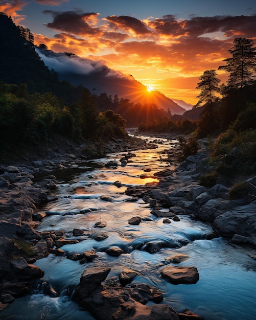 Sonnenuntergangslandschaft in Kolumbien Natur mit Bergwald und Fluss