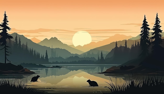 Sonnenuntergangslandschaft und Bär am Fluss, sicheres Naturkonzept zum Tag der Erde