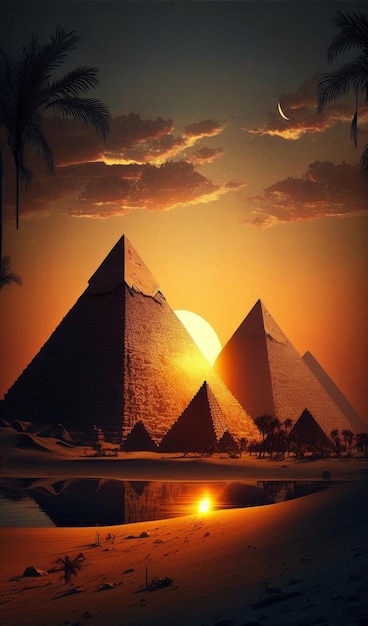 Sonnenuntergangspyramidenansicht von Ägypten am Abend generative KI